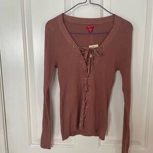 NWT Guess XS Lace-Up Ribbed Top in Tan/ Dusty Rose Gold